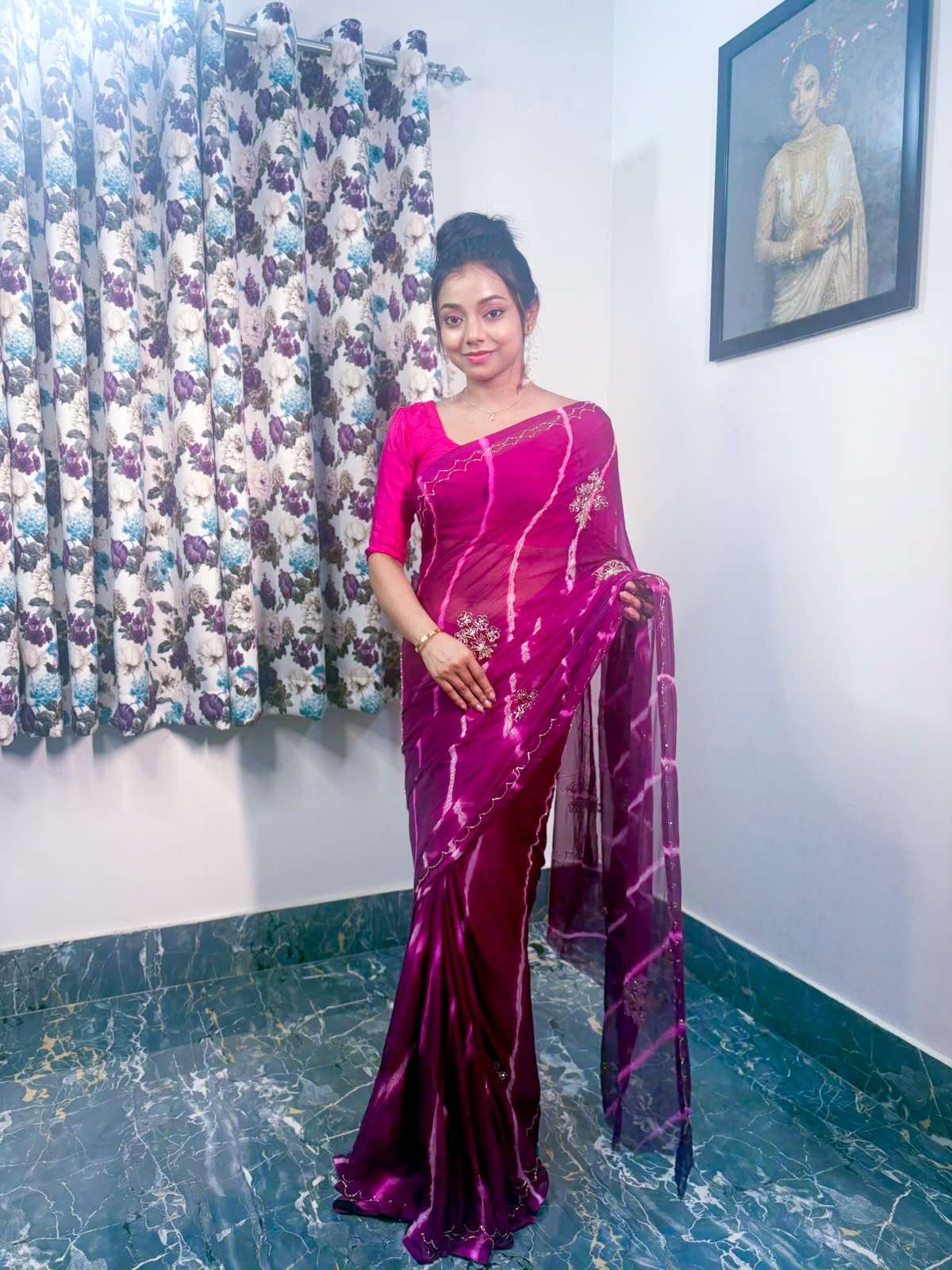 Wine Color Cutdana Embroidered Chiffon Saree